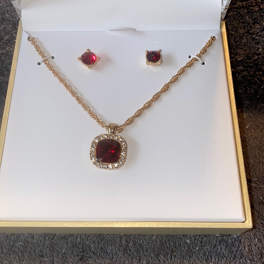 NWT Charter Club Gold Tone Pave’ & Red Stone Pendant & Stud Earrings Set